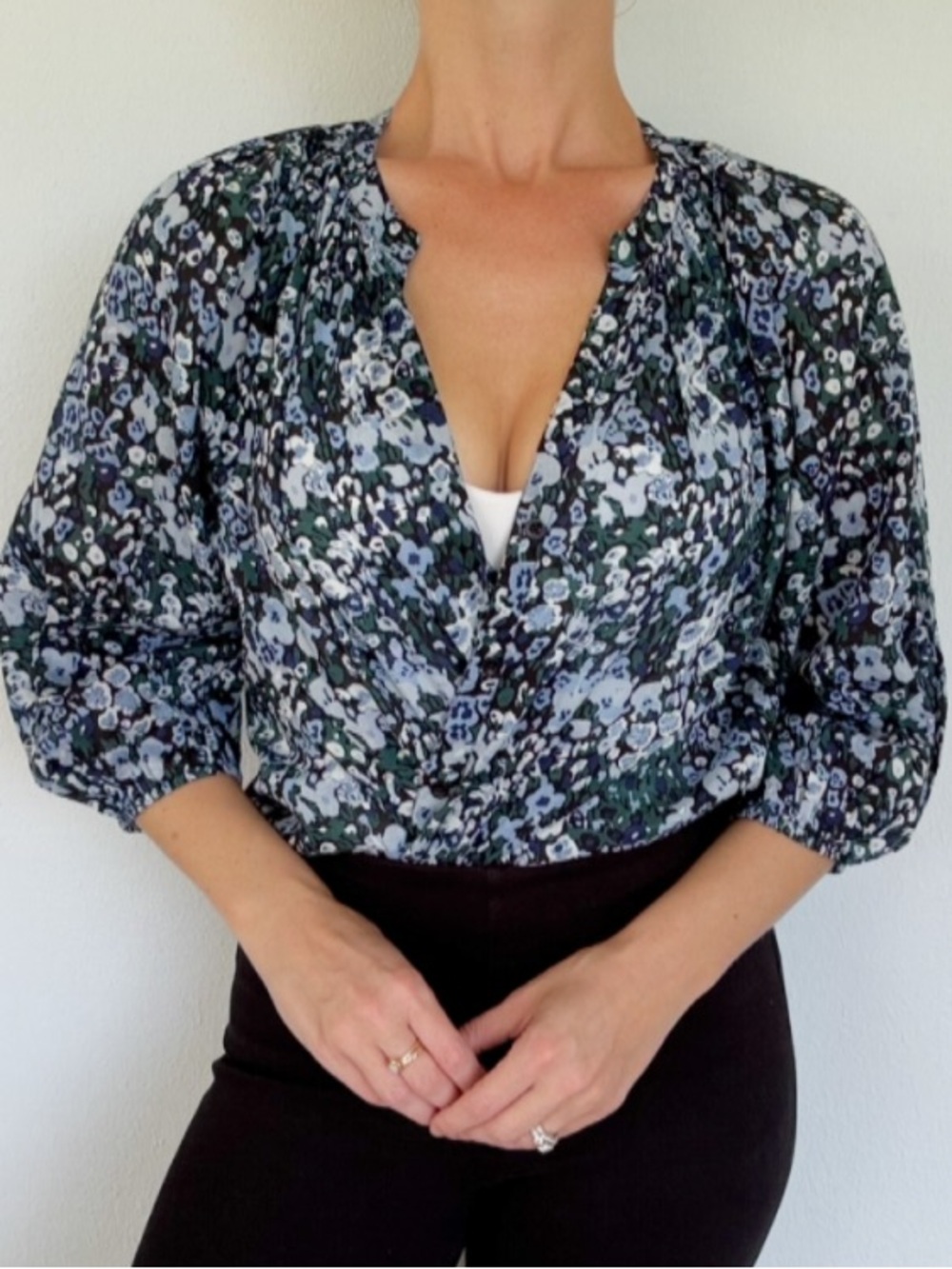 Apiece Apart Mitte silk cotton blue floral puff sleeve blouse size small